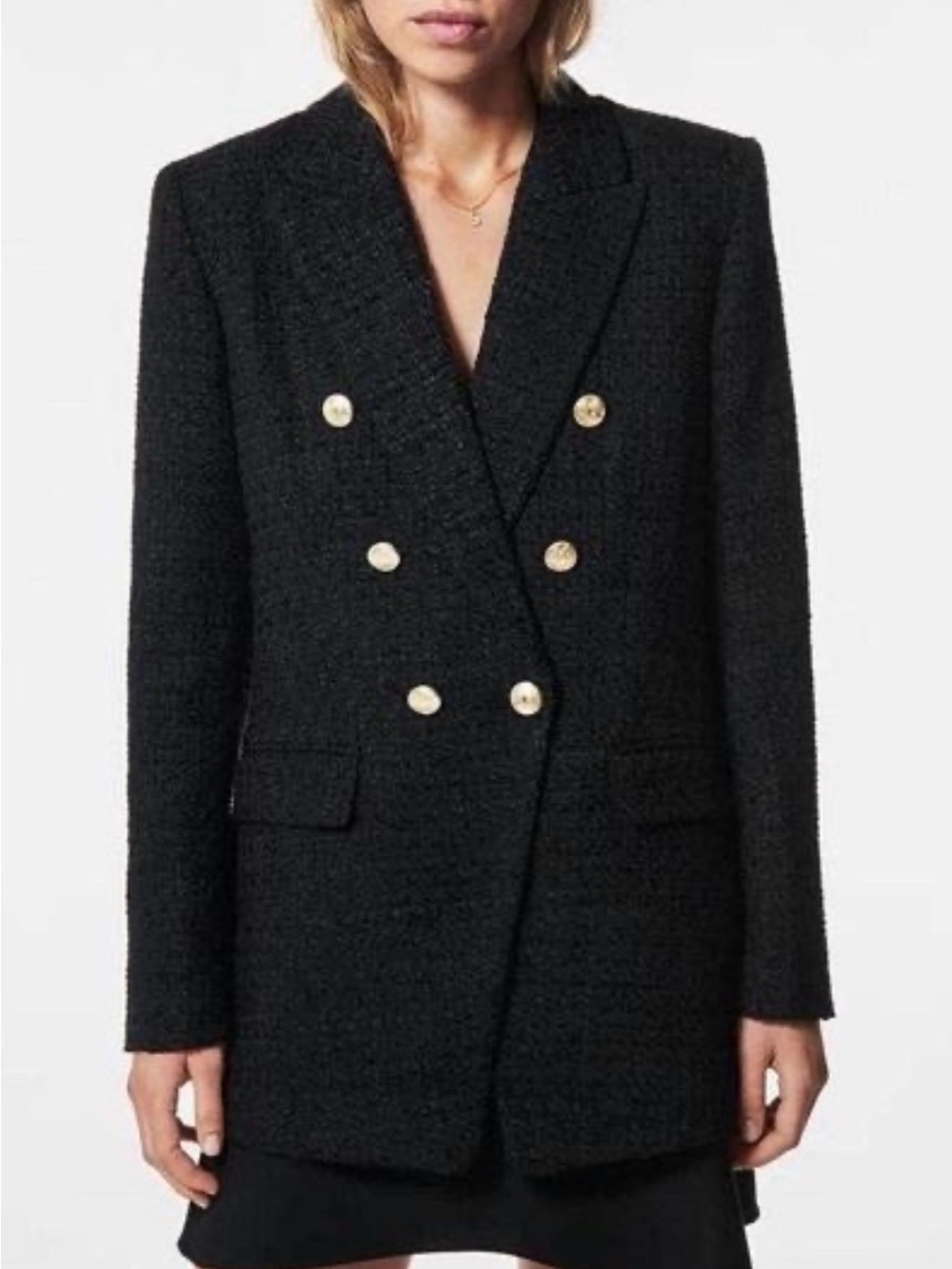ZARA Black Textured Double-Breasted Blazer – Size L